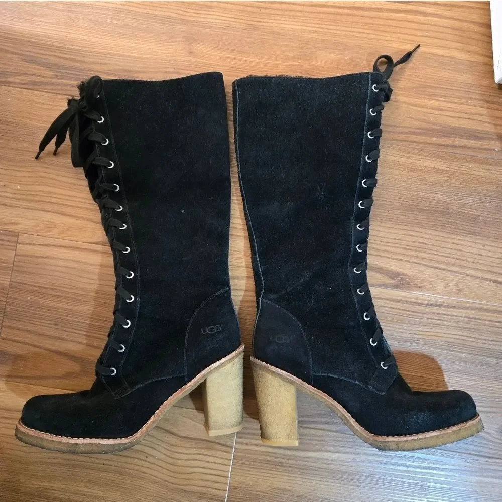 UGG Boots Women’s Aubree Winter Black Suede UGGplush lining Side Zip Sz 9 - Picture 3 of 16